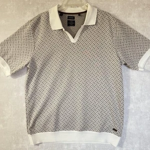Buffalo David Bitton Polo Shirt Mens XL White Brown Geometric Knit Short Sleeve - Picture 1 of 9