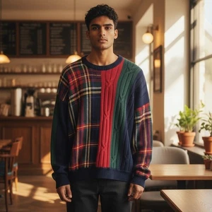 Nautica L/G Vintage 90s Patchwork Cableknit Sweater Multicolor Plaid Crewneck Co - Bild 1 von 10