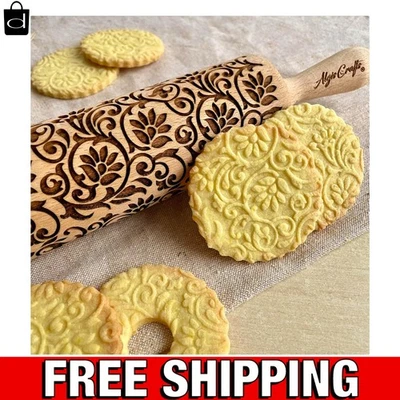 Flowering Vine Laser Engraved Rolling Pin - 7.9" Beech Wood Crafting Essential - Image 1 of 4