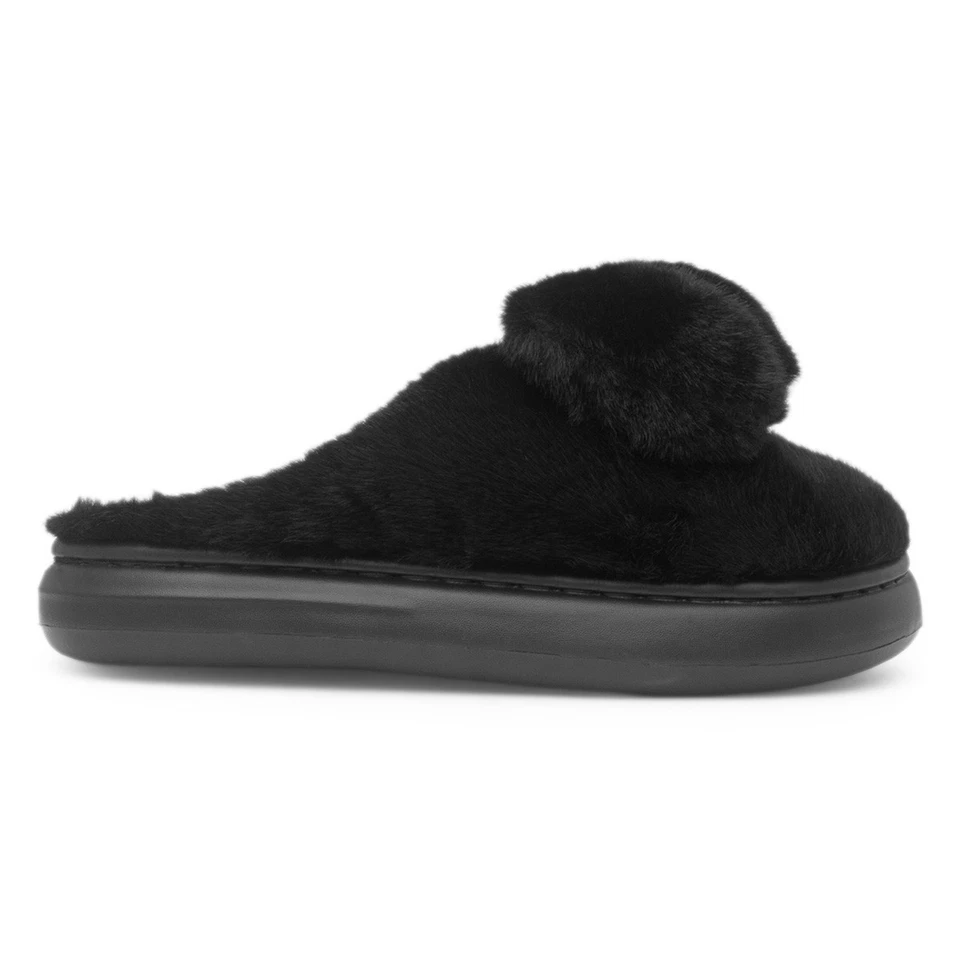Krush Womens Slippers Black Adults Ladies Mule Slip On Fluffy Faux Fur Bow SIZE