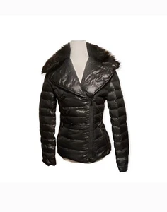 Moda International Abrigo S Chaqueta Acolchada Negra Cremallera Completa Cuello Piel Moto... - Imagen 1 de 3