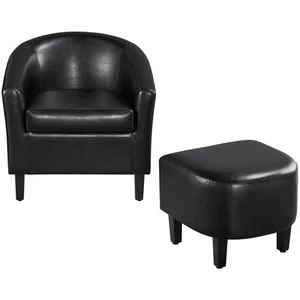 Chair with Ottoman Mid Century Modern Barrel Faux Leather Chair with Footrest Co - Picture 1 of 9