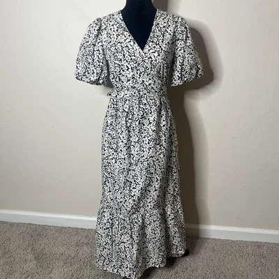 Maxi Vestido Greylin Para Mujer Gabi Puf Negro Rubor Marfil Floral Cuello en V~Envolvente Talla M Foto 1 de 4