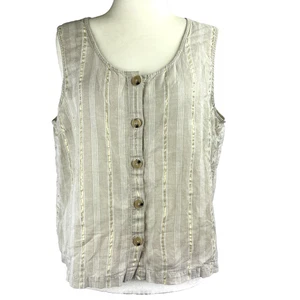 Liz Claiborne Sleeveless Linen Blend Button Top XL Gold Striped Beige Coastal - Picture 1 of 6