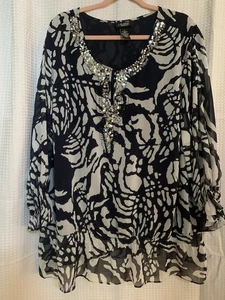 Liz And Me Platinum Collection Womens 2X Blue White  Blouse - Picture 1 of 6