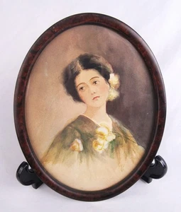 Pintura Acuarela Enmarcada Ovalada Dama Geisha Asiática Original Artista De Colección - Imagen 1 de 5