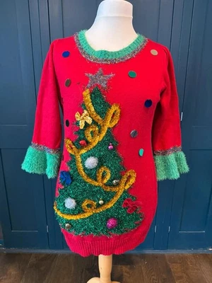 Vestido tipo jersey festivo de Navidad talla L 16/18 campanas, lazos de oropel ropa de fiesta de vacaciones Foto 1 de 4