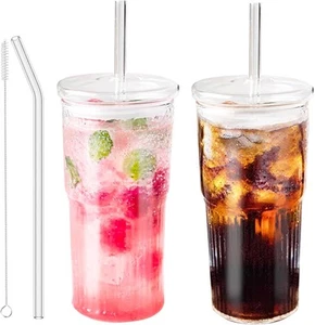 Glass Tumbler with Straw and Lid, 20 OZ Clear Iced Coffee Glasses Cups - Picture 1 of 6