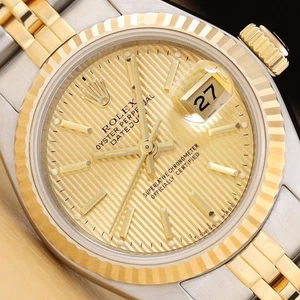 ROLEX LADIES DATEJUST 69173 18K GOLD STEEL TWO TONE CHAMPAGNE TAPESTRY WATCH - Picture 1 of 8