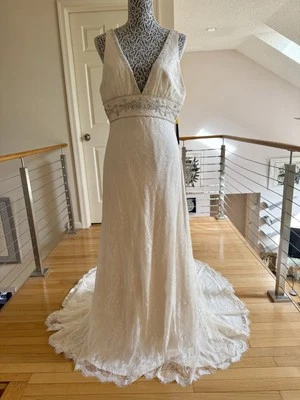 Vestido de novia moderno SALLY CREW 12 (14) marfil seda encaje cuello en V cristales Foto 1 de 4