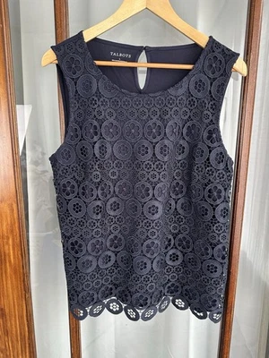 TALBOTS Tank Top Womens Large Navy Blue Crochet Eyelet Button Back Coastal Lace - Image 1 of 4