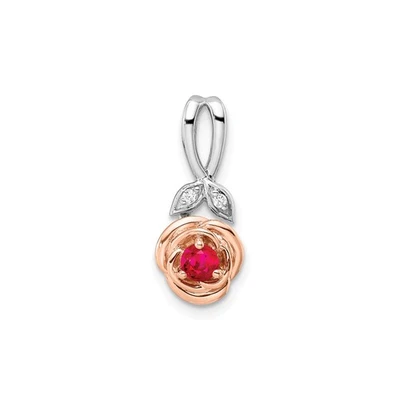 14k Two-Tone Gold Rose Flower Pendant Diamond Leaf Pink Red Gemstone Necklace - Image 1 of 4