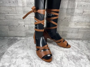 Miu Miu Sandals Women 37.5 / 7.5M Gladiator Shoes Brown Leather Block Ankle Wrap - Picture 1 of 21