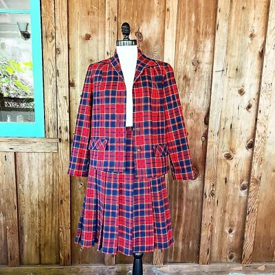 RARE PENDLETON SET 60’s 60s Vintage Red Plaid Wool 49er Jacket Pleated Skirt M L - Image 1 of 4