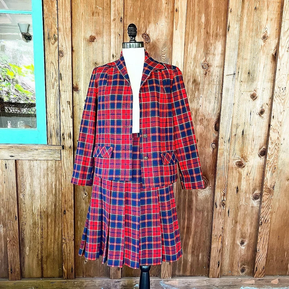 RARE PENDLETON SET 60’s 60s Vintage Red Plaid Wool 49er Jacket Pleated Skirt M L - Image 1 of 4