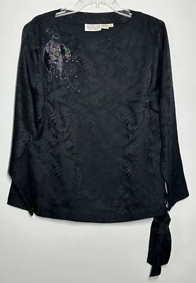 Blusa Vintage Nordstrom 100% Seda Negra Adornada Floral Hoja Corbata a la Cadera Talla 8 Foto 1 de 4