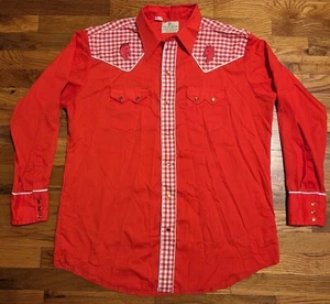 Vtg Dee Cee Red Horse Western Shirt - Men's 17 / 34 - Sawtooth Pearl Snap USA - Picture 1 of 24