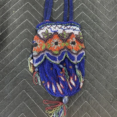 Art Deco Purse/Bag/Pouch ~ Micro Beads ~ Colorful Floral ~ Royal Blue~ Unbranded - Image 1 of 4