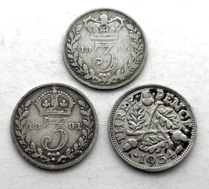GREAT BRITAIN 3 PENCE 1886-1891-1934 KM#730 758 831 Silver. LL9.3 - Picture 1 of 2