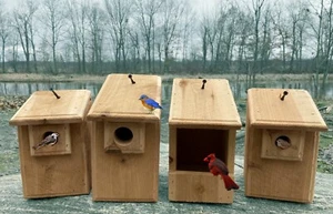 4 Cedar Bird Houses, Bluebird, Wren, Chickadee, Cardinal, Natural or Scorched - Picture 1 of 6