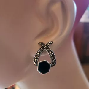 Vintage Sterling Silver & Black Onyx Marcasite Drop Earrings - Picture 1 of 7