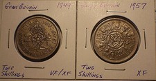 1949 & 1957 Two Shillings Uk Great Britain Xf