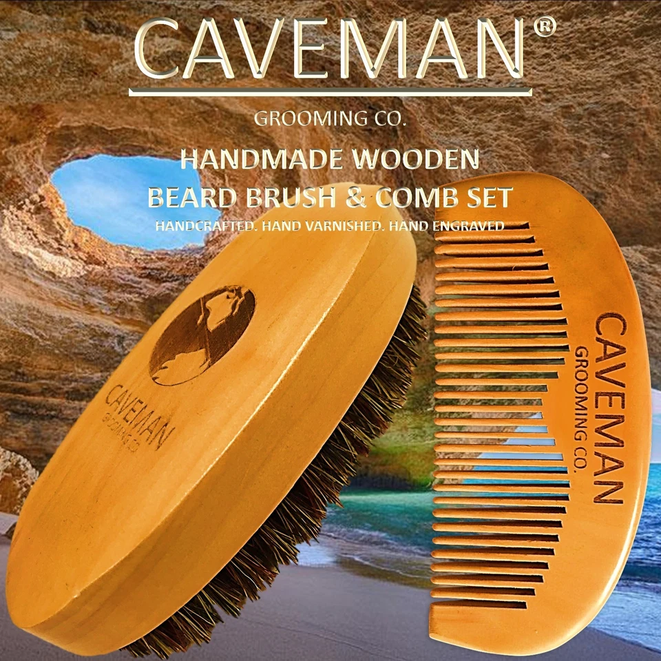 Handcrafted Natural Fine Tooth Wooden Beard Comb + Beard Brush by Caveman - Image 1 of 3