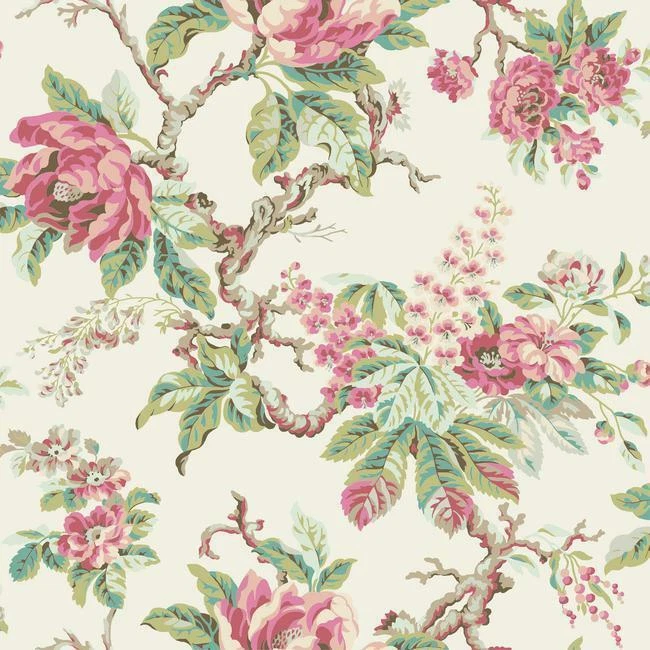 Wallpaper Joacobean Red Pink Teal Green Floral Vine on Eggshell White, 60 sq ft - Image 1 of 1
