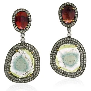 28,16ct Mehrfarbig Turmalin Diamant Krappen Set Ohrhänger 925 Silber - Bild 1 von 5