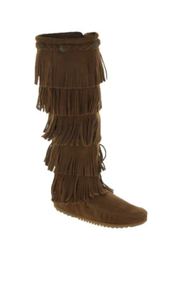 Minnetonka Brown 1652 5 Layer Fringe Moccasin 15" Tall Boot Size 7 - Imagem 1 de 4