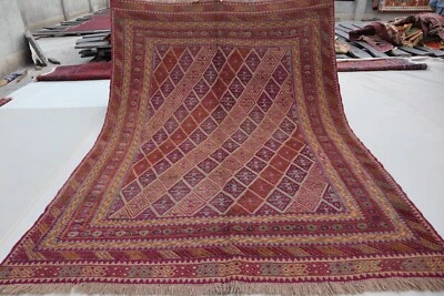 Alfombra Mushwani Afgana 6x8 - Diseño de celosía de diamantes rojos y dorados - Alfombra de lana tribal. Foto 1 de 4