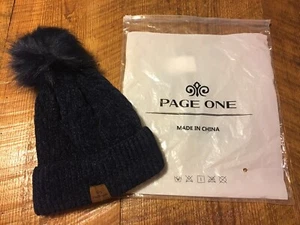 PAGE ONE Women Winter Knit Hat Warm Fleece Lined Pom Pom Beanie Hat Navy - Picture 1 of 4