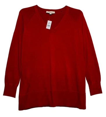 Suéter Pullover Loft Rojo Sólido Ligero Cuello en V, Talla L Foto 1 de 4