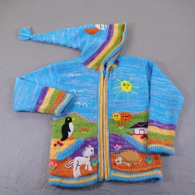 Suéter Tejido Peruano Hecho a Mano Sudadera con Capucha Niños S Azul Arco Iris Animal Aplique Pixie Foto 1 de 4
