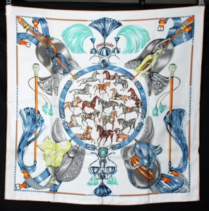 HERMES White & Multicolor CAVALCADES Print Silk Twill 90cm Square Scarf NIB - Picture 1 of 12