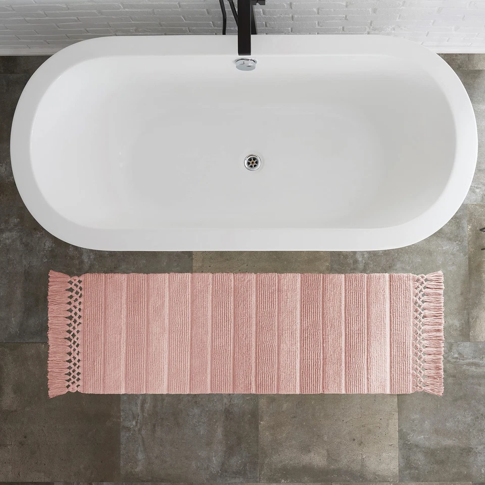 Alfombra de baño con flecos tejidos rosa 100 % algodón lavable a máquina Foto 1 de 4