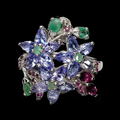 925 Anello Argento Sterling Pera Tanzanite Smeraldo Naturale Gemma Misura 8 - Immagine 1 di 4