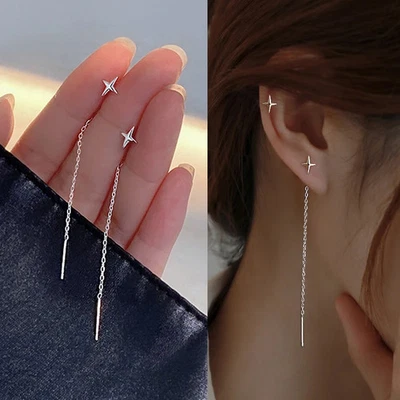Wire Tassel Thread Chain Earrings Star Heart Bead Drop Straight Women Jewelry - Image 1 of 4