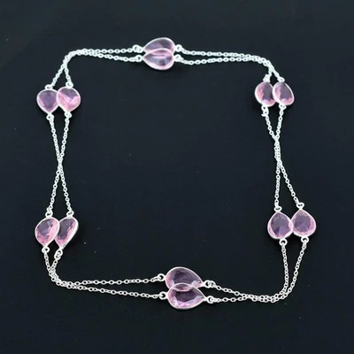Collar de joyería de plata de ley 925 hecho a mano con piedras preciosas de kuncita rosa tamaño-36" Foto 1 de 4