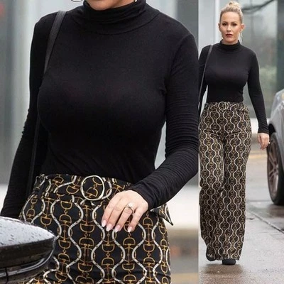 Zara Pierna Ancha Acampanado Cinturón Horsebit Cadena Patrón Pantalones Festivo Pequeño Tiro Alto Foto 1 de 4