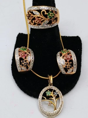 Ross Simons Esterlina Vermeil Multi Piedras Preciosas Pendientes Anillo Talla 8 Colgante Collar  Foto 1 de 4