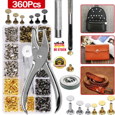 MARKENLOS 360 Set Leder Nieten Doppelkappe Rivet 6/8mm Hohlnieten Mit 3 Werkzeug Zange