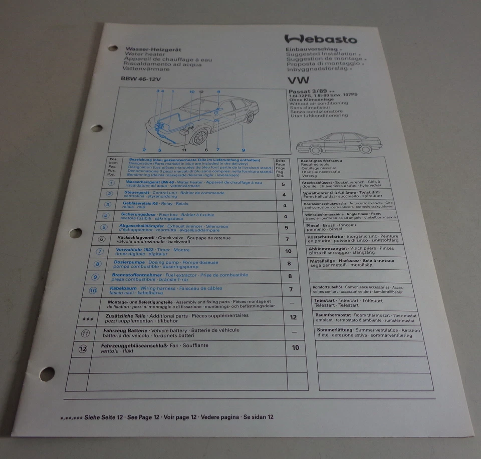 Einbauanweisung Webasto Calefacción Bbw 46-12V para VW Passat Stand 03/1989 - Imagen 1 de 1