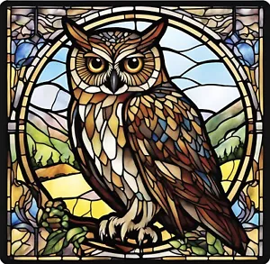 Square Stained Glass Brown Owl Sticker 3”x3” - Picture 1 of 1