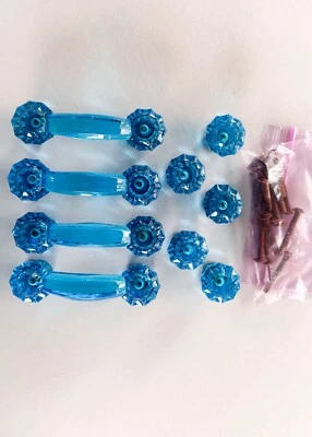 Cajón de vidrio vintage azul turquesa corte diamante 5x perilla 4x tiradores de mango Foto 1 de 4