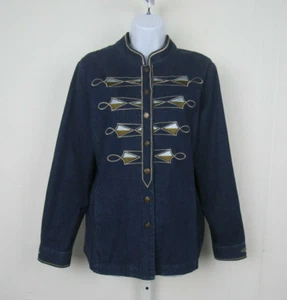 BOB MACKIE WEARABLE ART BLUE JEAN JACKET SIZE MEDIUM EMBROIDERY BRASS BUTTONS - Picture 1 of 11