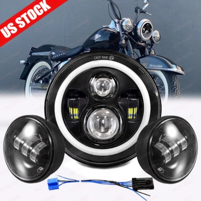 7" LED Headlight Halo + Passing Lamps For Harley Heritage Softail Classic FLSTC - Image 1 of 4