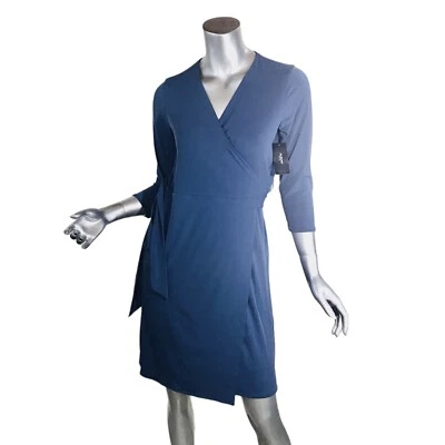 Alfani Petite 3/4 Sleeve Wrap Dress Size SP Sargasso Sea Blue With Pockets New! - Image 1 of 4