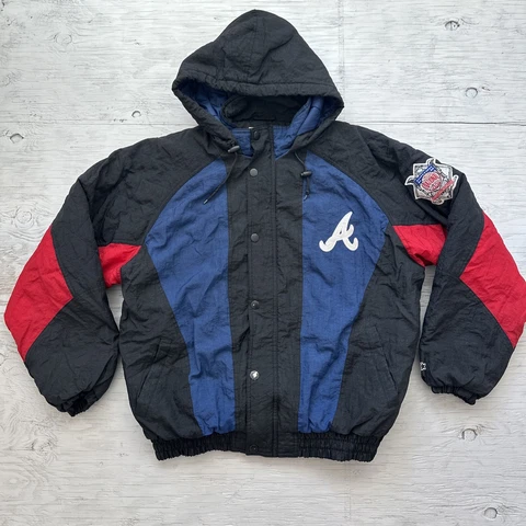 Vintage 90s MLB Atlanta Braves Starter Pullover Full Zip Hooded Jacket Sz Large Cover