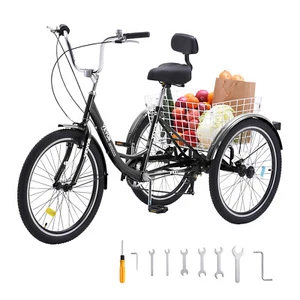 26" Adult Tricycles Bike 3 Wheel Trike Bicycle 7 Speed Carbon Steel Black - Picture 1 of 12
